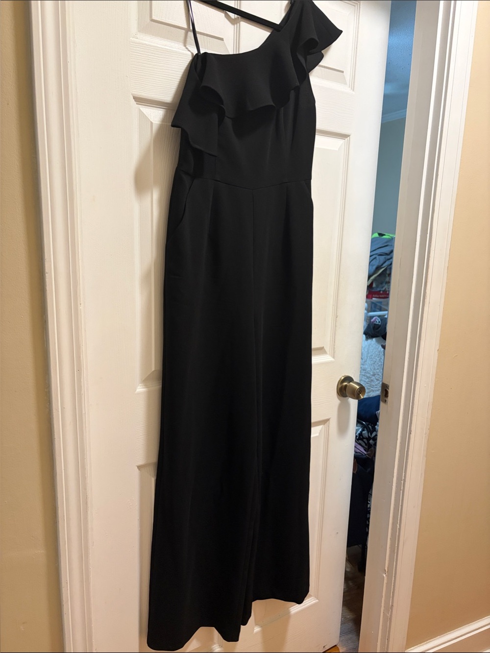 BCBG Black One-Shoulder Ruffled Jumpsuit
